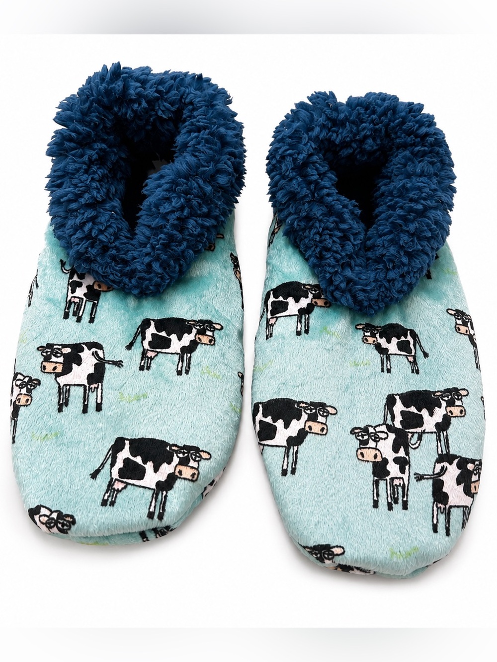 Lazy One Cow Print Fuzzy Slipper Socks with Sherpa Cuff | Size L/XL (7–9) NWOT